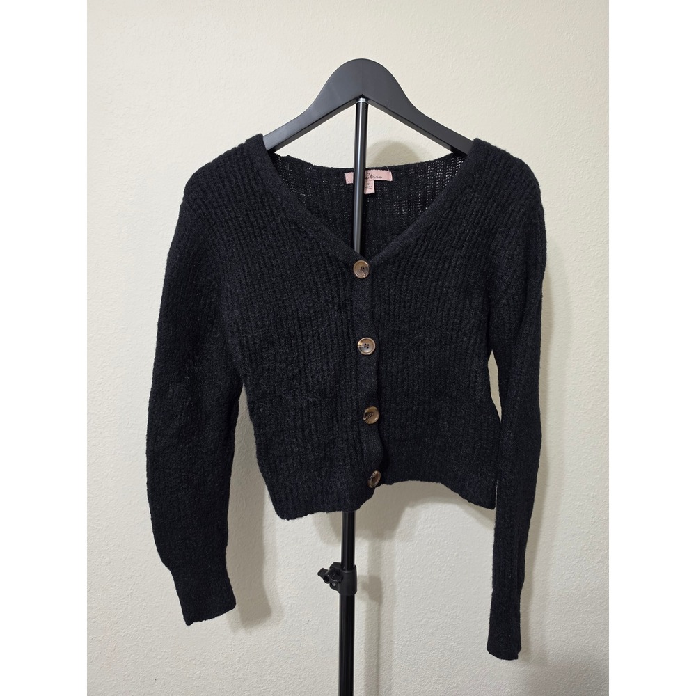Love Tree Womens Black Fuzzy Knit Button Front V-Neck Cardigan Sweater W9022 M